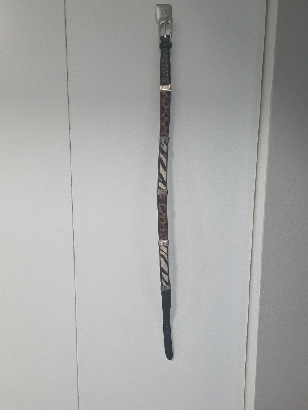 Brighton Black Leather Belt with Silver Hardware Calf Fur Zebra & Cheetah Print